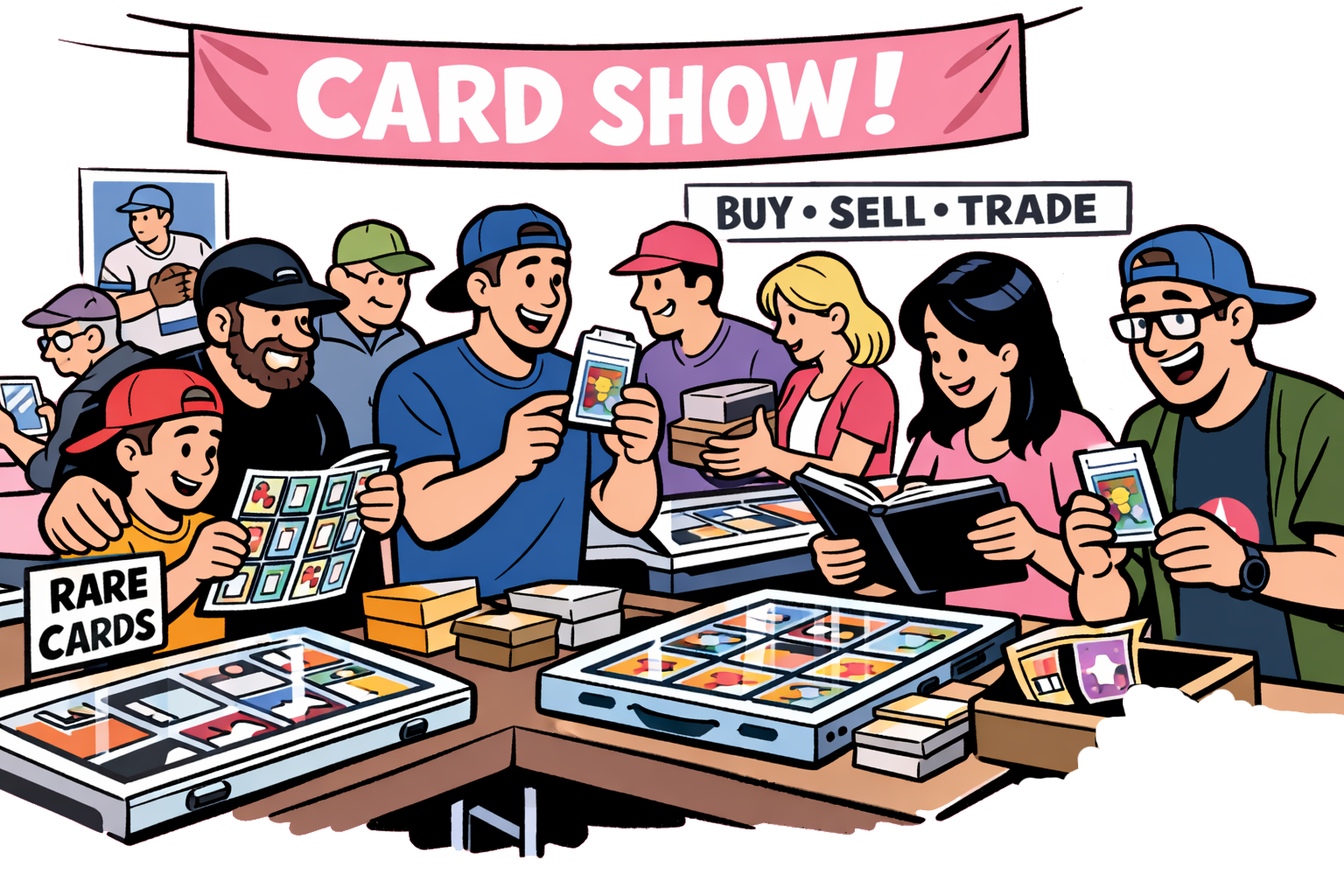 Collectors and vendors buying, selling, and trading cards at a card show