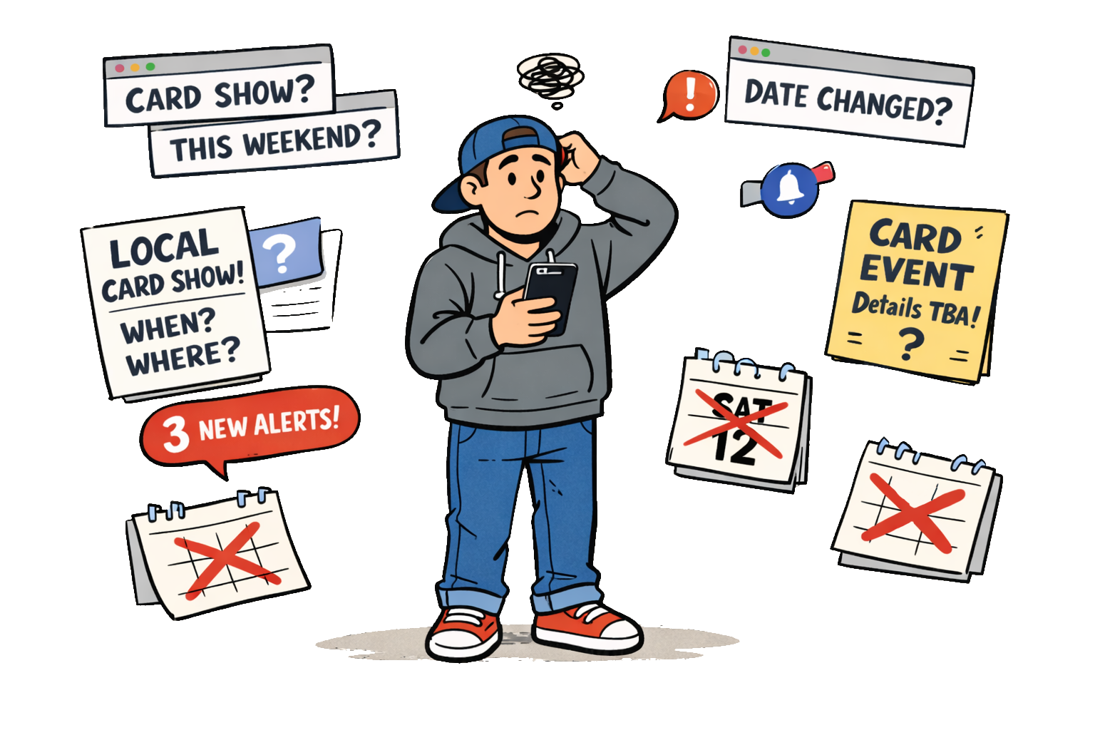 A frustrated collector trying to discover local card shows online