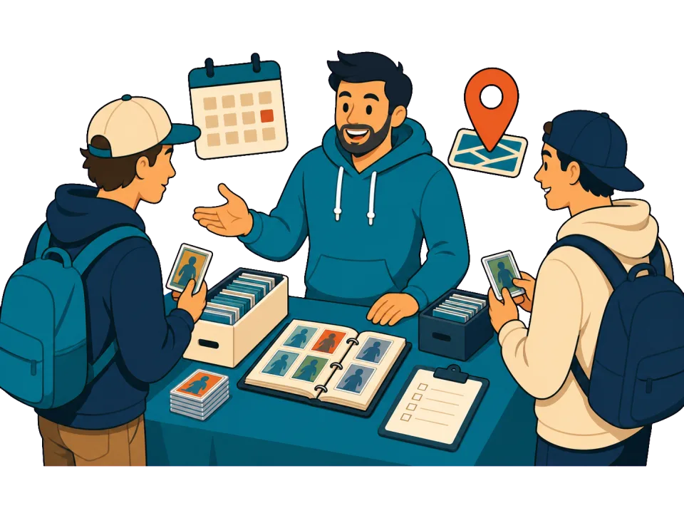 Stylized collectors and vendors at a busy trading card show table